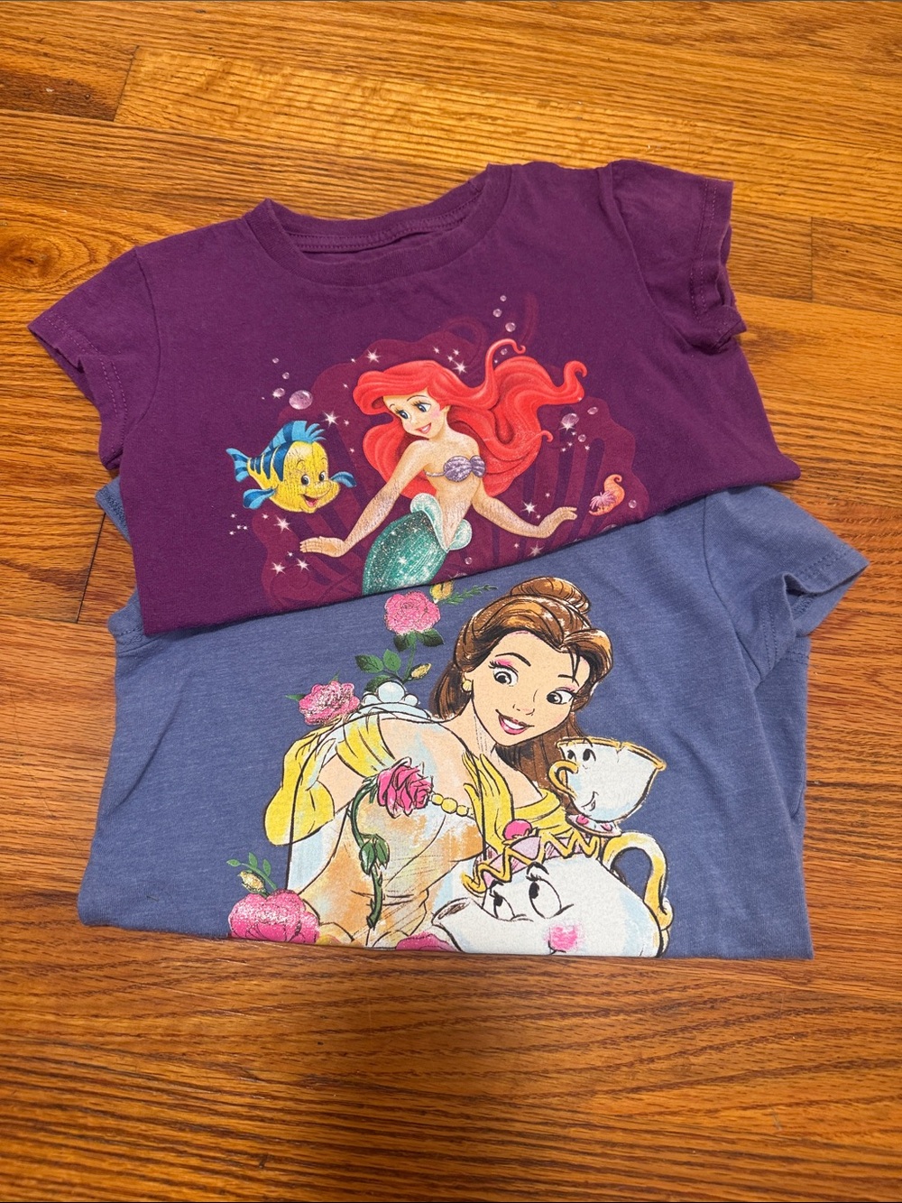 Disney Girls' Purple Ariel & Blue Belle Graphic Short Sleeve Tees